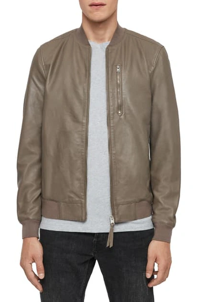 Shop Allsaints Kino Leather Bomber Jacket In Warm Grey