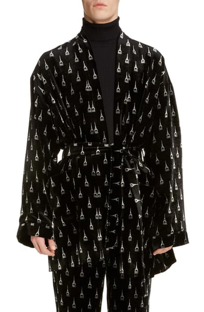 Eiffel Tower-print Velvet Robe Jacket In Black