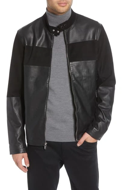 Shop Karl Lagerfeld Mixed Finish Leather Moto Jacket In Black