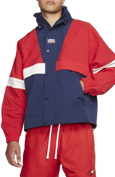 Shop Nike Swoosh Striped Jacket In University Red/ Midnight Navy