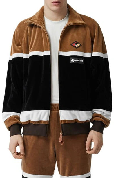 Shop Burberry Logo Graphic Stripe Velour Track Jacket In Brown