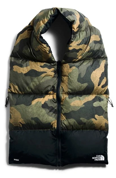 Shop The North Face Nuptse Down Scarf In Burnt Olive Green Waxed Camo