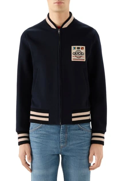 Shop Gucci Wool Blend Jersey Bomber Jacket In Blue