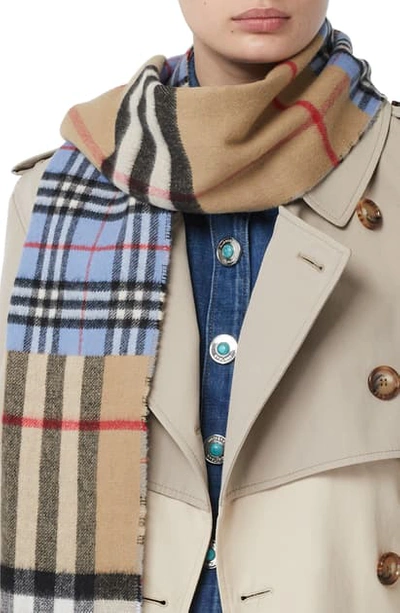 Shop Burberry Mix Check Cashmere & Wool Scarf In Opal Blue