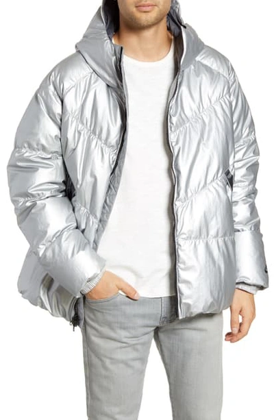 Shop Nike Sportswear Metallic Hooded Down Puffer Coat In Silver/ Dark Grey/ Black
