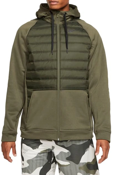 Shop Nike Therma Hooded Nylon Jacket In Cargo Khaki/ Sequoia/ Black