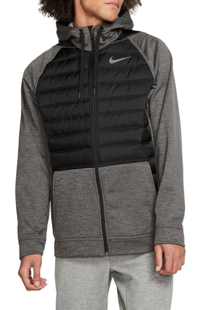 Shop Nike Therma Hooded Nylon Jacket In Charcoal Heather/ Black/ Grey