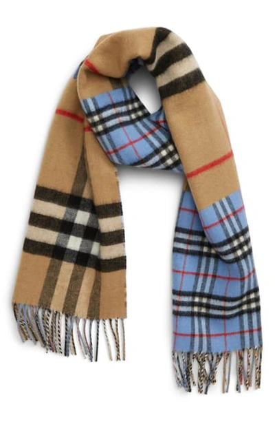 Shop Burberry Vintage Check & Giant Check Cashmere Blend Scarf In Opal Blue