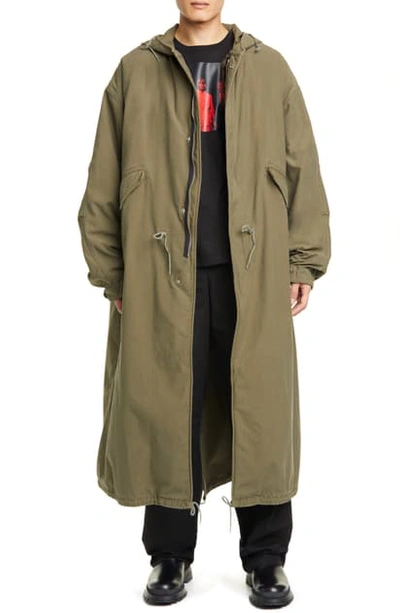 Shop Raf Simons Long Hooded Parka With Removable Fleece Lining In Khaki
