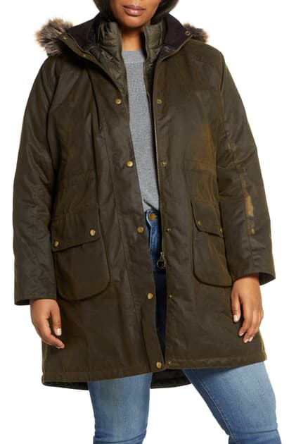 Barbour Thrunton Waxed Cotton Jacket With Faux Fur Trim In Olive/ Classic |  ModeSens