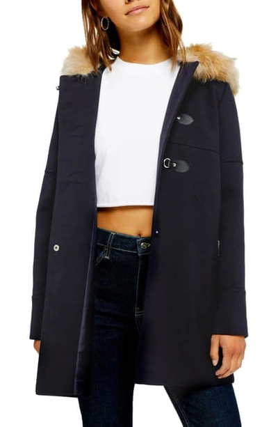 Topshop Faux Fur Trim Duffle Coat In Navy Blue | ModeSens