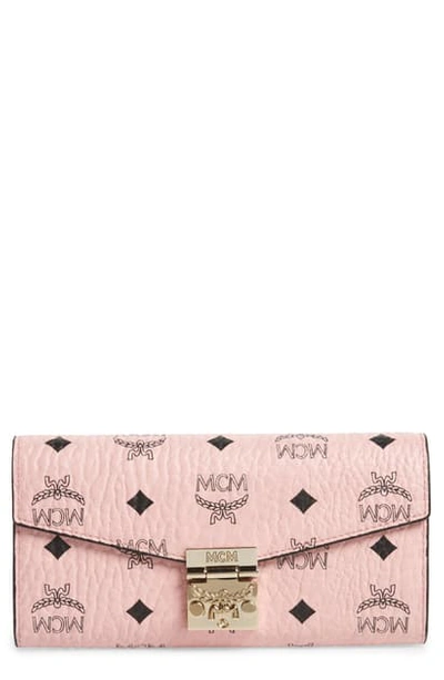 Shop Mcm Large Patricia Visetos Canvas Wallet On A Chain In Soft Pink