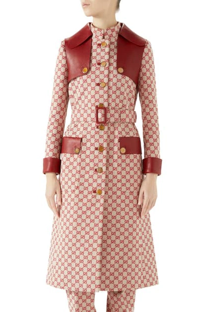 Shop Gucci Leather Trim Gg Canvas Trench Coat In Gardenia/ Red