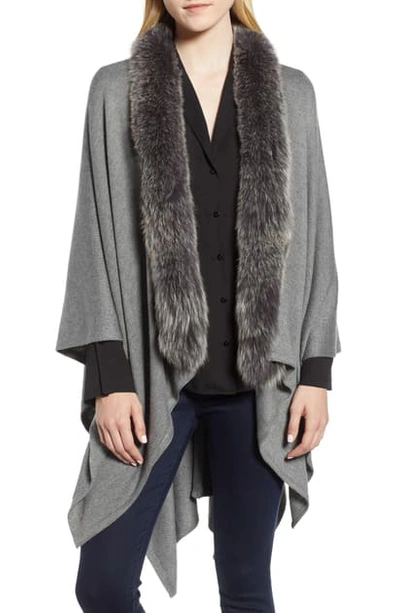 Shop La Fiorentina Wool Blend Wrap With Genuine Fox Fur Trim In Grey