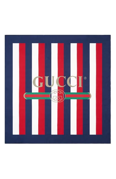 Shop Gucci Sylvie Stripe Silk Scarf In Ivory/ Blue