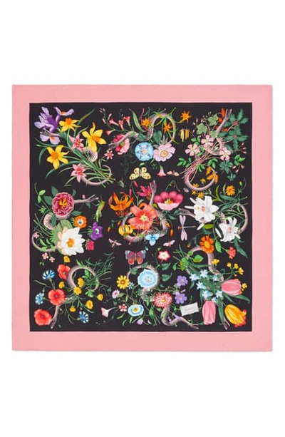 Shop Gucci Flora Snake Print Silk Twill Scarf In Black/ Pink