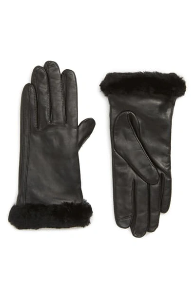 Shop Ugg Touchscreen Compatible Leather Gloves With Genuine Shearling Trim In Black