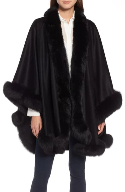 Sofia Cashmere Genuine Fox Fur Trim Cashmere Cape In Black