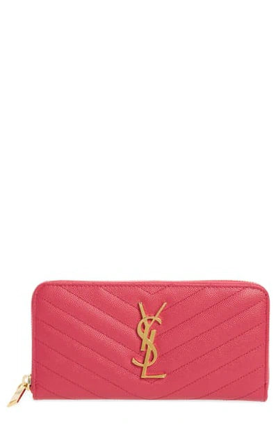 Shop Saint Laurent Monogram Quilted Leather Wallet In Shocking Pink