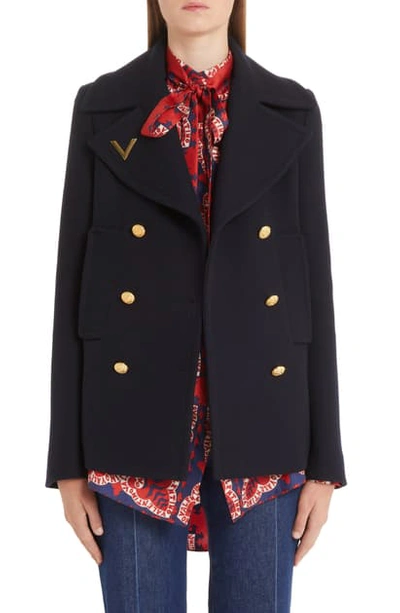 Shop Valentino V-detail Double Face Wool Peacoat In Navy