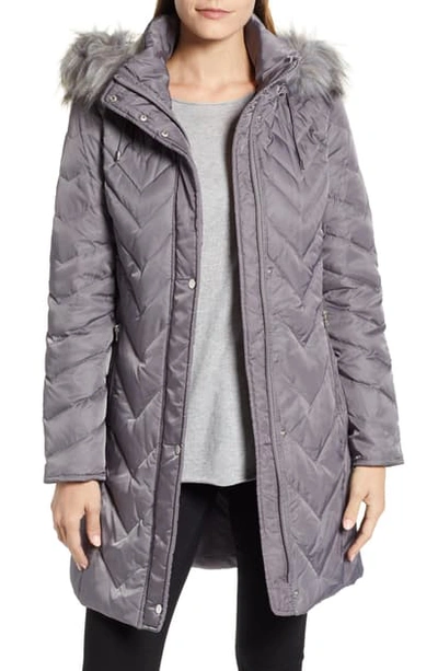 Shop Marc New York Matte Satin Chevron Faux Fur Trim Coat In Grey