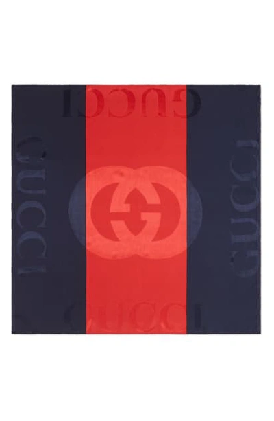 Shop Gucci Web Print Logo Jacquard Silk Twill Scarf In Navy/ Red