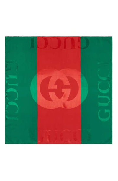 Shop Gucci Web Print Jacquard Silk Twill Scarf In Green/ Red
