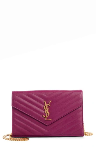 Shop Saint Laurent Large Monogram Quilted Leather Wallet On A Chain - Purple In Dark Grape