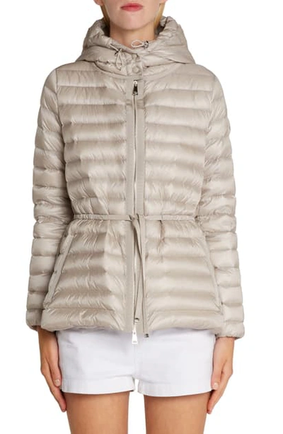 Shop Moncler Raie Tie Waist Hooded Lightweight Down Jacket In Tan