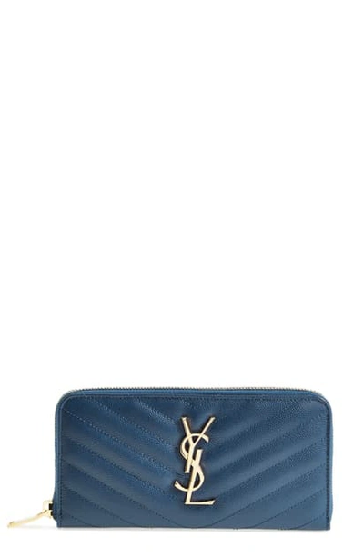 Shop Saint Laurent 'monogram' Quilted Leather Wallet - Blue In Denim Blue