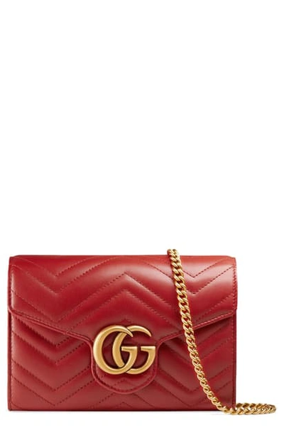 Shop Gucci Gg Matelasse Leather Wallet On A Chain In Hibiscus Red