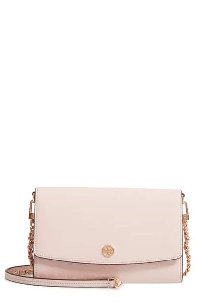 Shop Tory Burch Robinson Leather Wallet On A Chain In Shell Pink