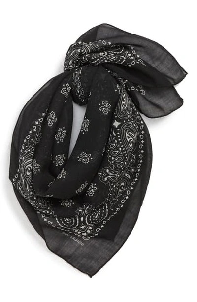 Shop Saint Laurent Bandana Print Wool Scarf In Black/ Ivory