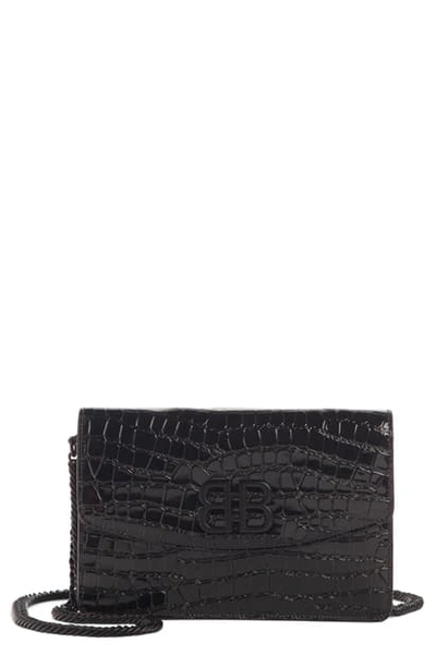 Shop Balenciaga Bb Croc Embossed Leather Wallet On A Chain In Black