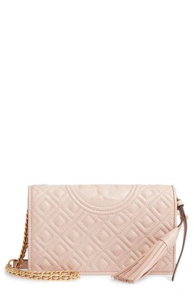 Shop Tory Burch Fleming Lambskin Leather Crossbody Wallet In Shell Pink