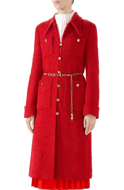 Shop Gucci Belted Tweed Coat In Vibrant Flame