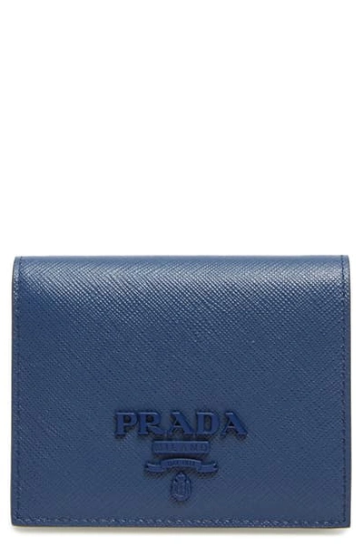 Shop Prada Monochromatic Logo Saffiano Leather Wallet In Bluette