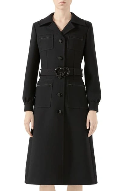 Shop Gucci Interlocking-g Belt Wool Coat In Black