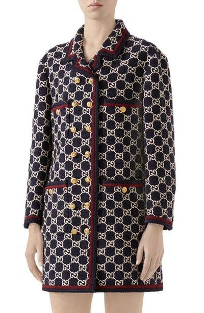Shop Gucci Macro Gg Tweed Knit Double Breasted Coat In Blue/ Mix
