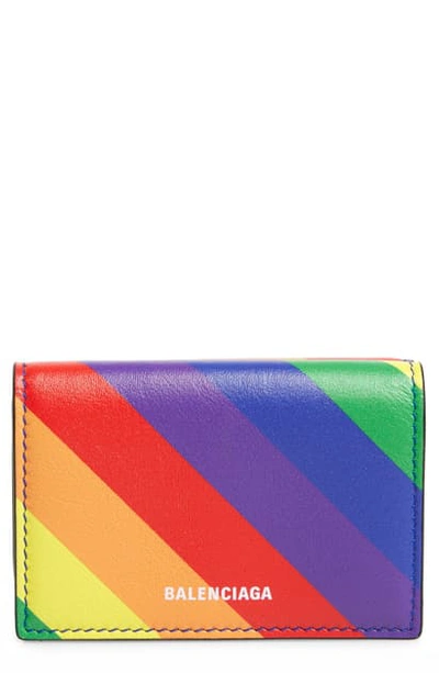 Shop Balenciaga Ville Rainbow Stripe Leather Mini Trifold Wallet In Black Multi