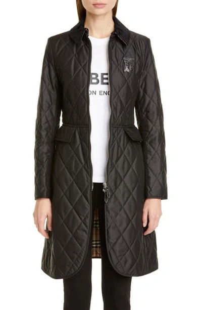 Shop Burberry Ongar Monogram Motif Long Quilted Coat In Black