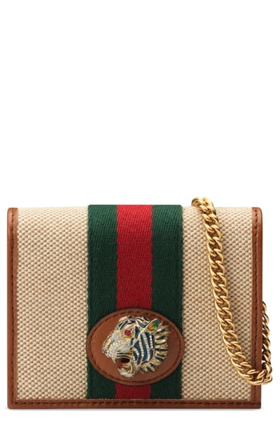 Shop Gucci Rajah Calfskin Canvas Card Case On A Chain In Sand/ Lit Cuir/ Vert Red Multi