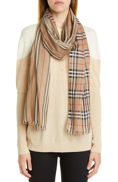 Shop Burberry Check To Stripe Wool & Silk Scarf In Archive Beige