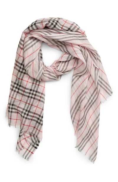 Shop Burberry Check To Stripe Wool & Silk Scarf In Alabaster Pink