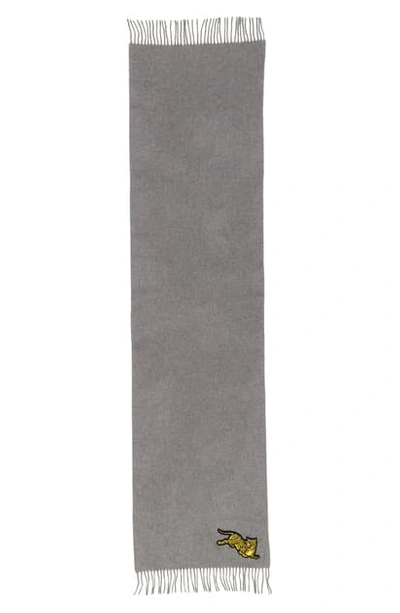 Shop Kenzo Tiger Applique Fringe Wool Scarf In Pale Grey
