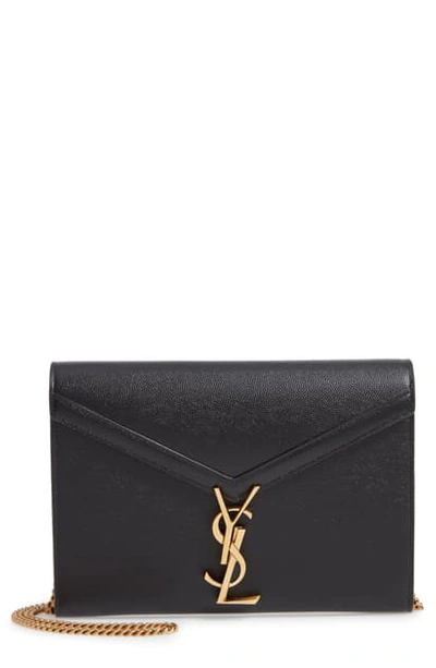 Shop Saint Laurent Cassandra Leather Wallet On A Chain In Noir/ Rouge Legion