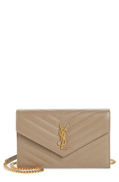 Shop Saint Laurent 'small Mono' Leather Wallet On A Chain In Dusty Grey