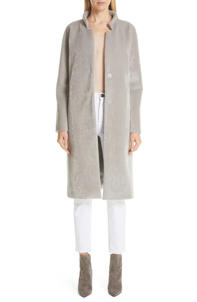 Shop Herno Long Belted Shimmer Faux Fur Coat In Silver