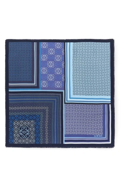 Shop Loewe Patchwork Print Silk Square Scarf In Blue