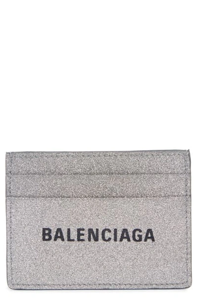 Shop Balenciaga Everyday Logo Leather Card Case In Silver